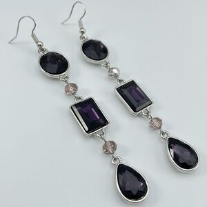 Statement Silver Tone Purple Glass Rhinestone Dangle Earrings Bold Cute